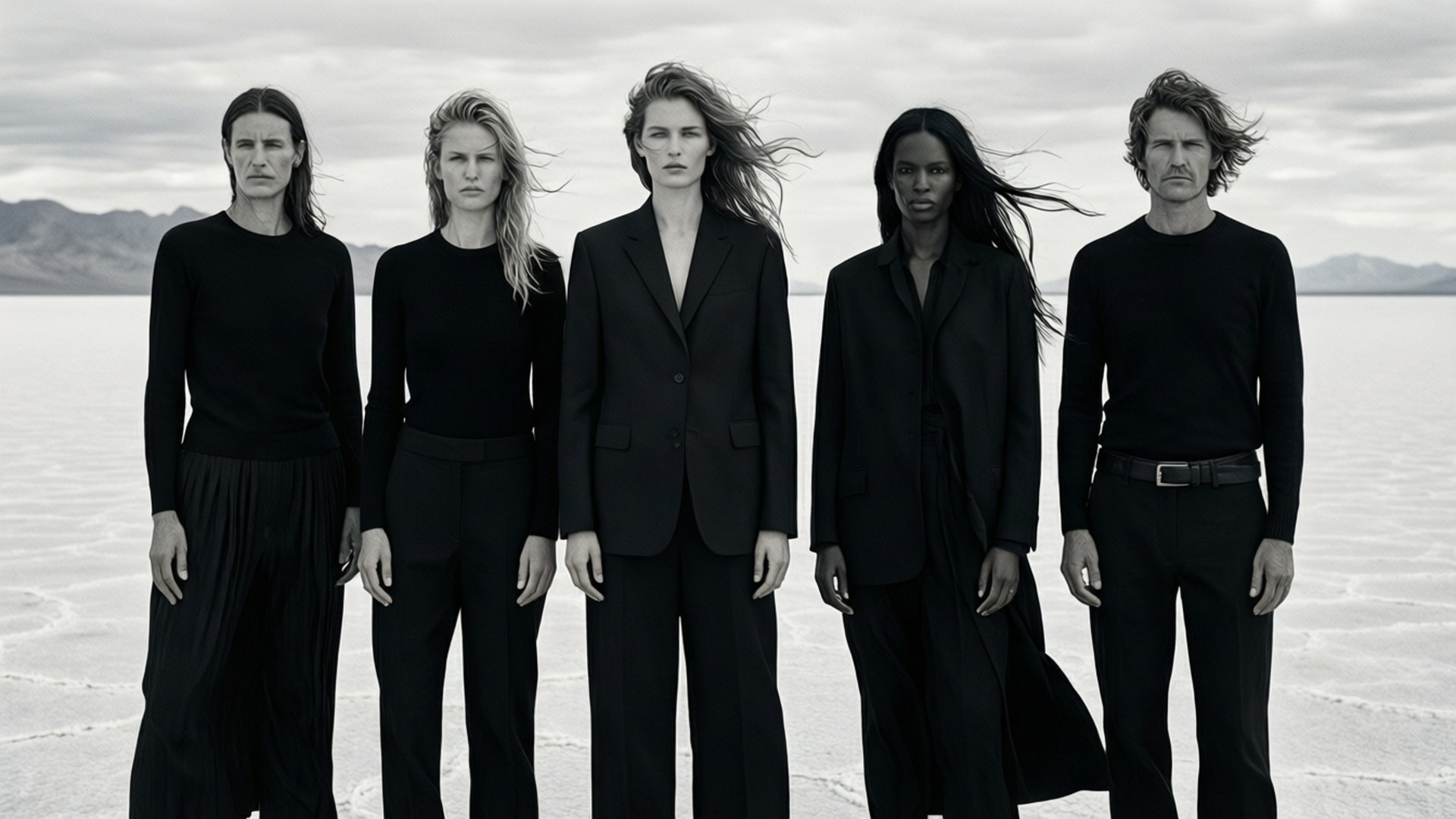 Peter Lindbergh 桌布 壁紙 — 五位身穿黑色服裝的模特兒莊嚴地站在廣闊的鹽灘上，頭髮隨風飄揚，遠處山巒在陰天之下。