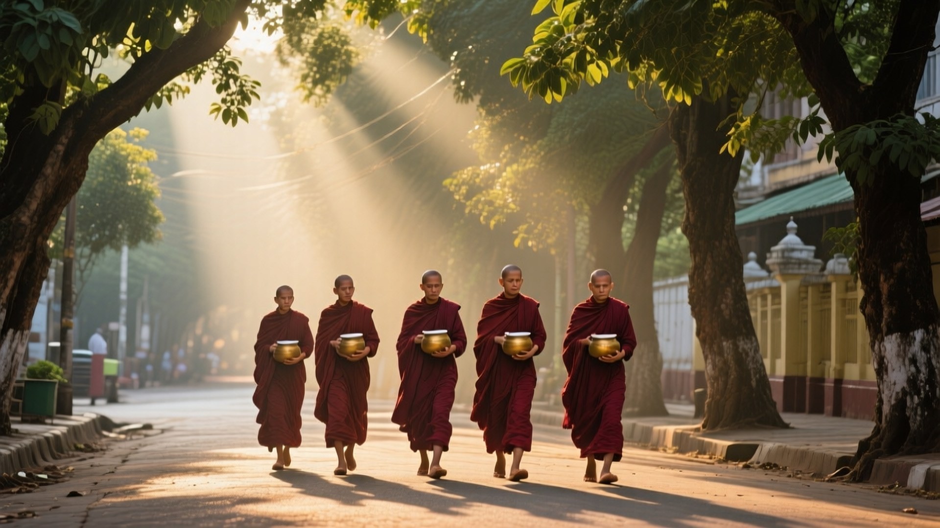 Morning Alms Walk 壁紙 — 五名身穿栗色長袍的僧侶赤腳走在綠樹成蔭的街道上，手持金碗，陽光穿過樹葉照射下來。