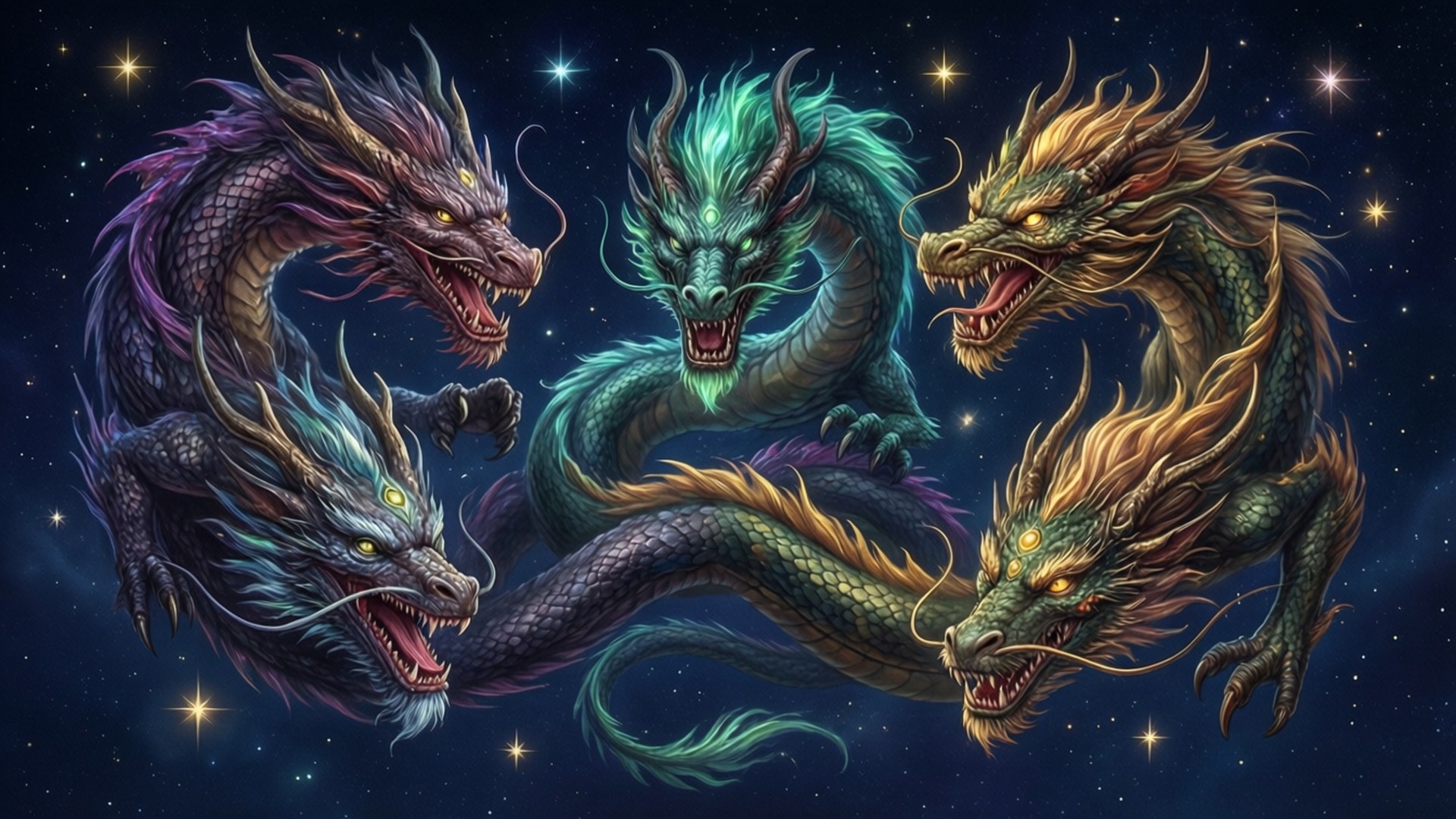 Dragon Constellation 壁紙 — 五條神話中的龍，眼睛發光，身體有鱗片，對著繁星點點的宇宙夜空咆哮。