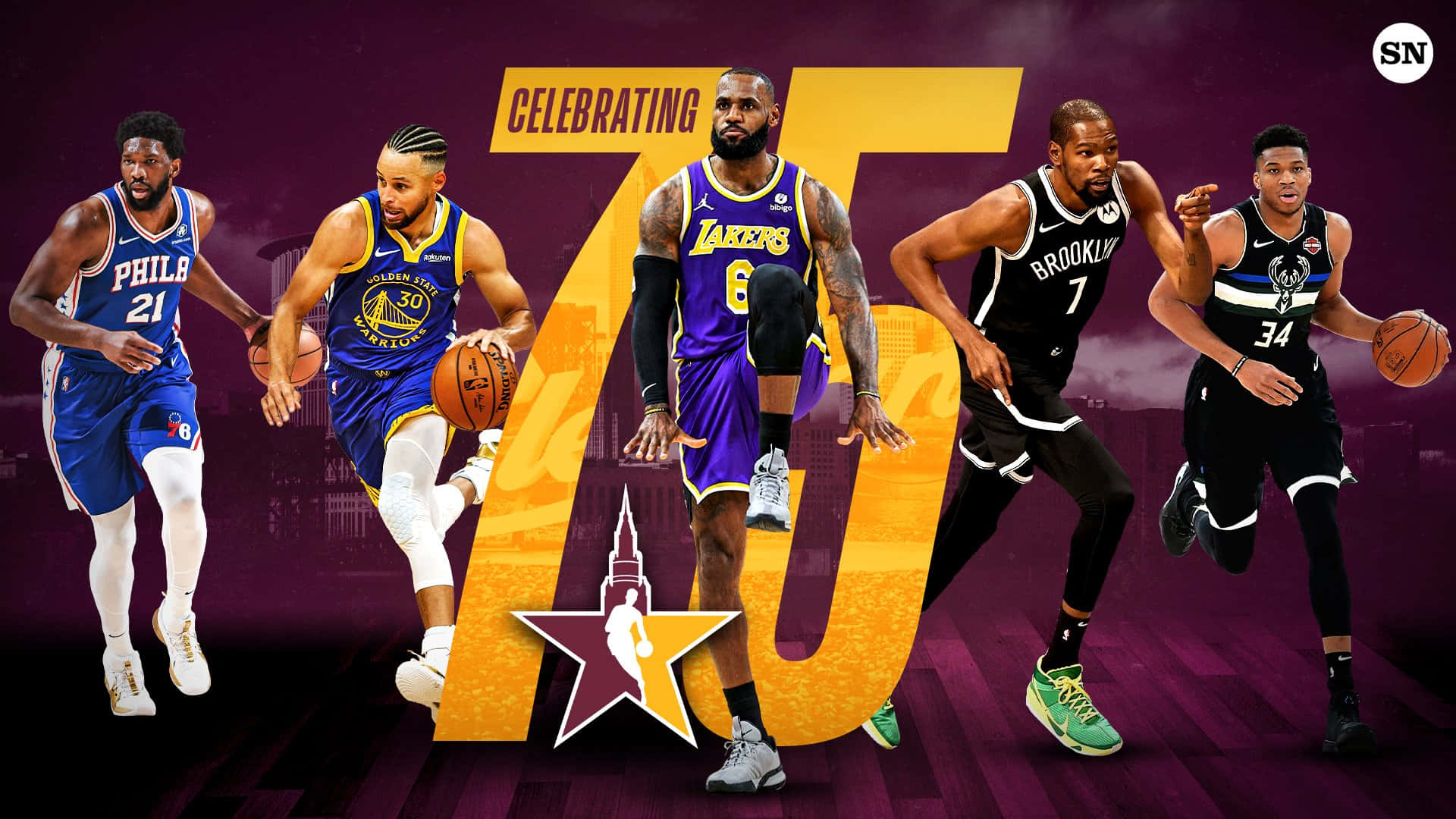 五名NBA籃球運動員圍繞75週年紀念標誌擺出動作姿勢。 — NBA 壁紙