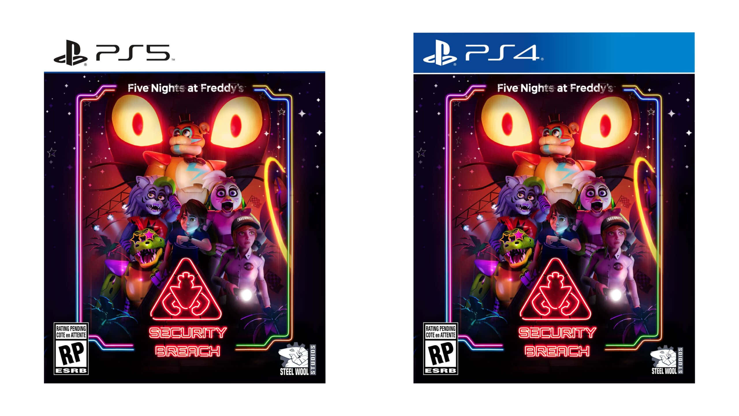 Five Nights At Freddys 桌布 壁紙 — 《Five Nights at Freddy's Security Breach》遊戲海報，發光的機械動物和一個受驚的孩子，背景是黑暗的星空。
