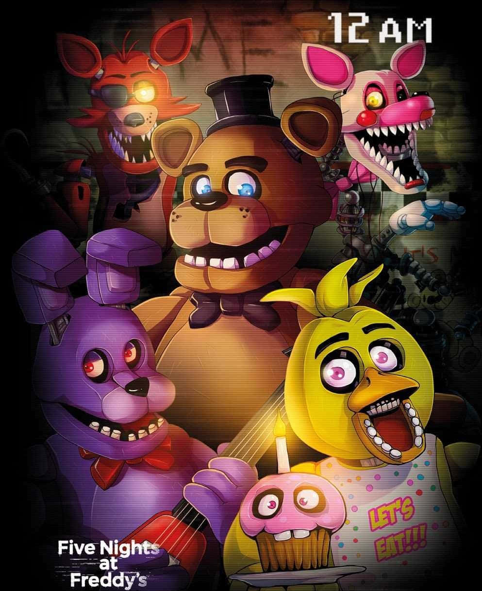 Five Nights at Freddy's 中的五個電子動畫角色在黑暗的凌晨12點場景中猙獰地咧嘴笑。 — 佛萊迪餐館之五夜驚魂 GIF 壁紙