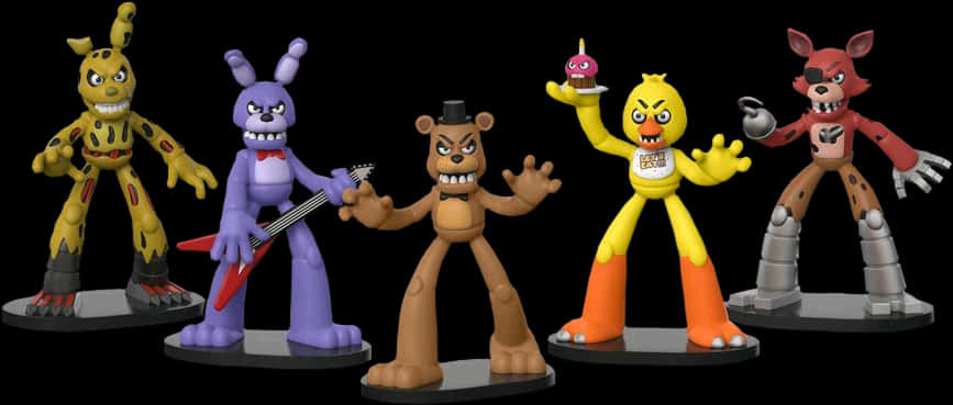 Toy 桌布 壁紙 — Five Nights at Freddy's 中的五個電子動畫角色在黑色背景下威嚇地站立。