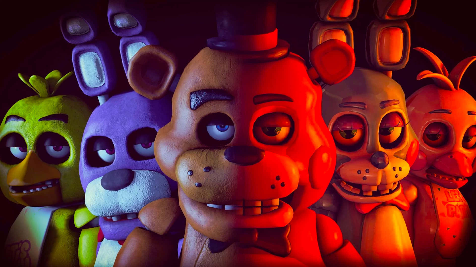 佛萊迪餐館之五夜驚魂 桌布 壁紙 — Five Nights at Freddy's 中的五個電子動畫角色在戲劇性的紅光下以詭異的表情凝視著。
