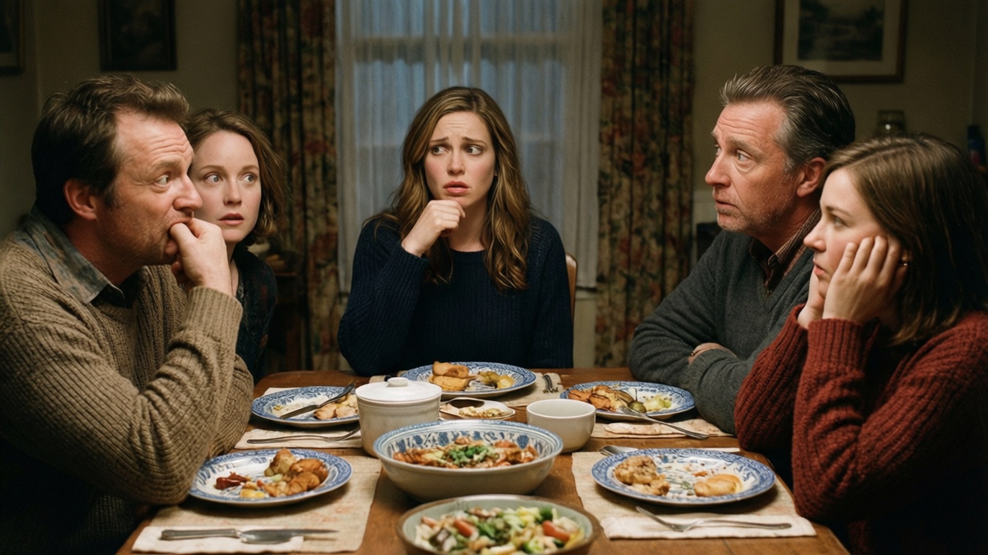 Family Dinner 壁紙 — 五個人圍坐在一張有吃了一半食物的餐桌旁，緊張而擔憂地互相對望。
