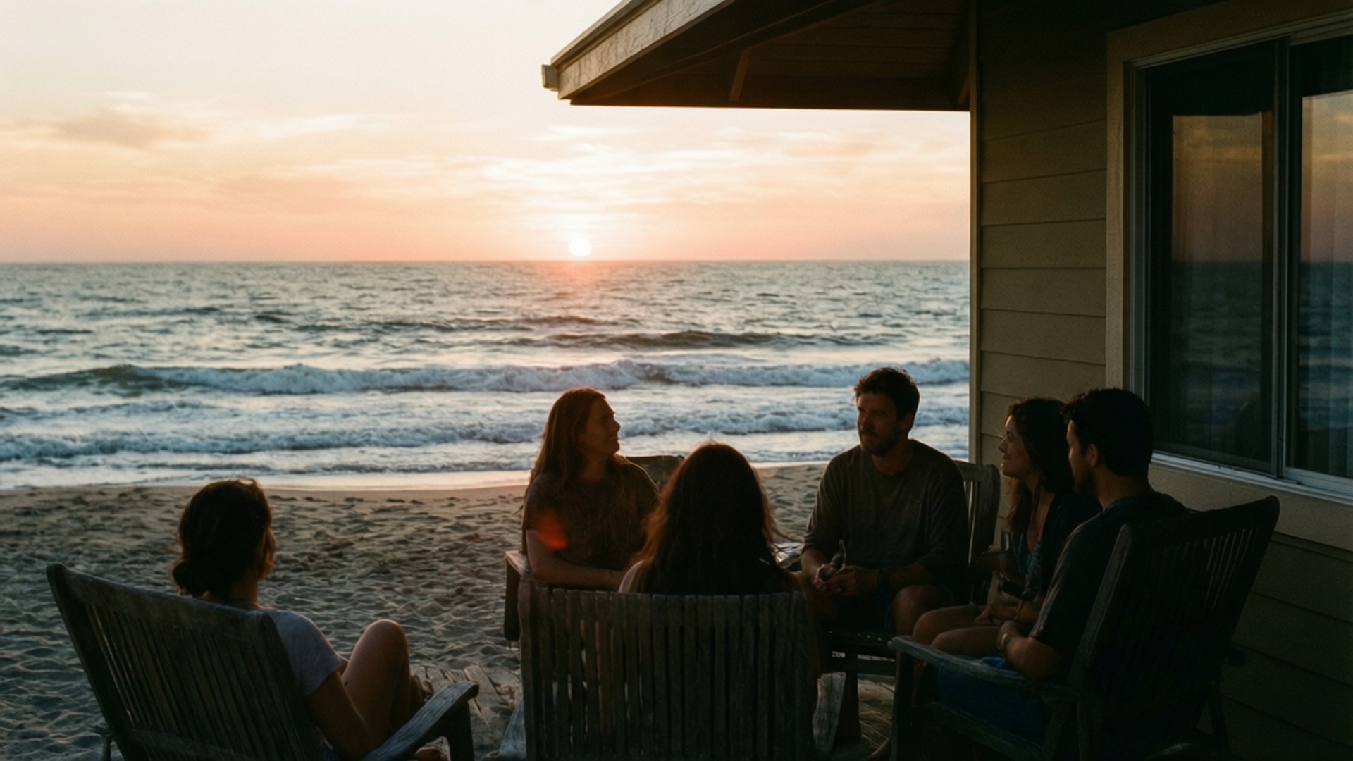 Beach House Sunset 壁紙 — 五個人坐在沙灘門廊的椅子上，觀看太陽在海洋上落下。