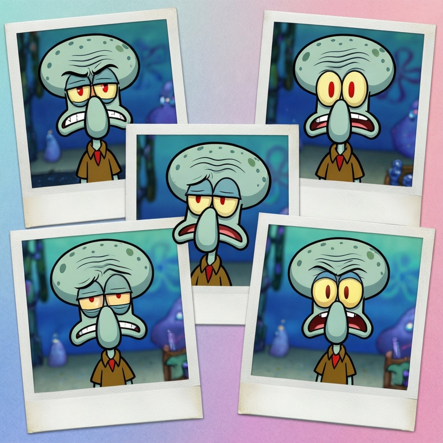 Squidward Mood Collage 壁紙 — 五張拍立得照片顯示海綿寶寶的章魚哥在水下誇張的憤怒和震驚表情。