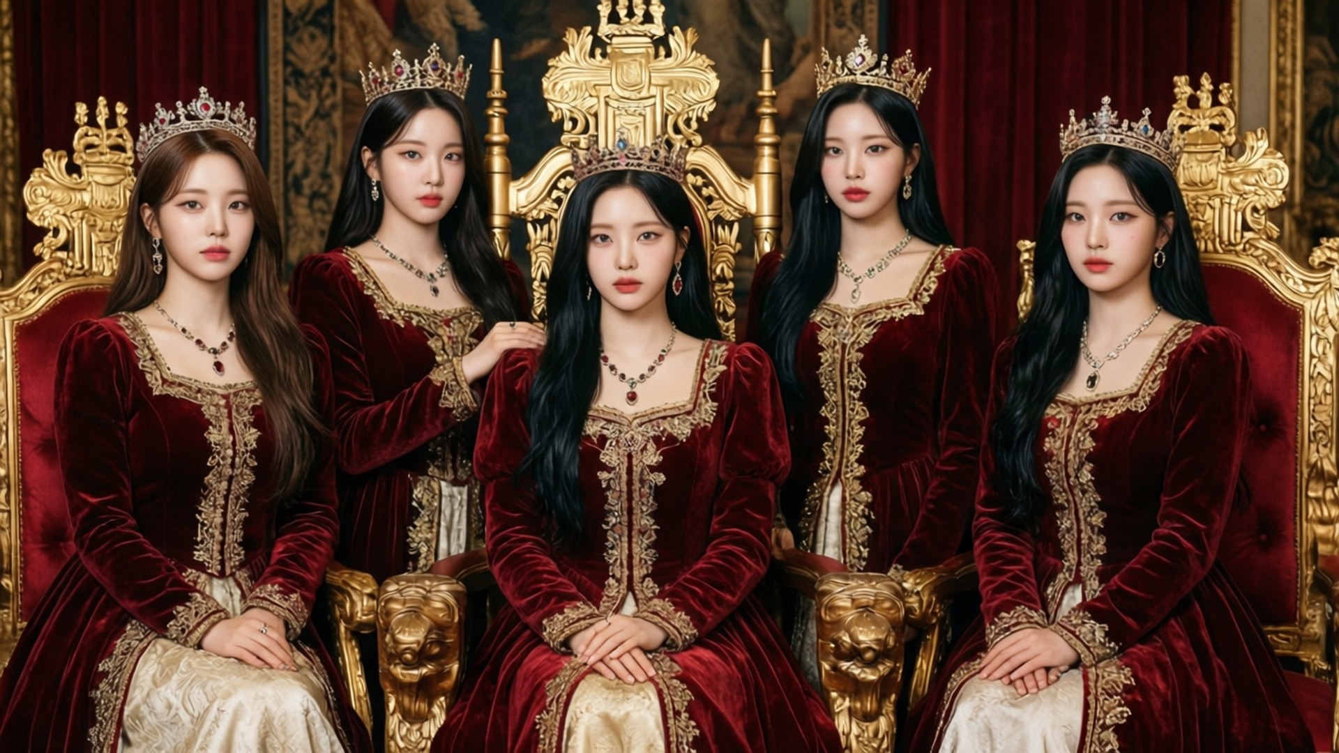 Red Velvet 桌布 壁紙 — 五位身穿深紅色天鵝絨長袍、頭戴王冠的貴族女性，端莊地坐在華麗的金色王座上，背景是濃郁的紅色帷幕。