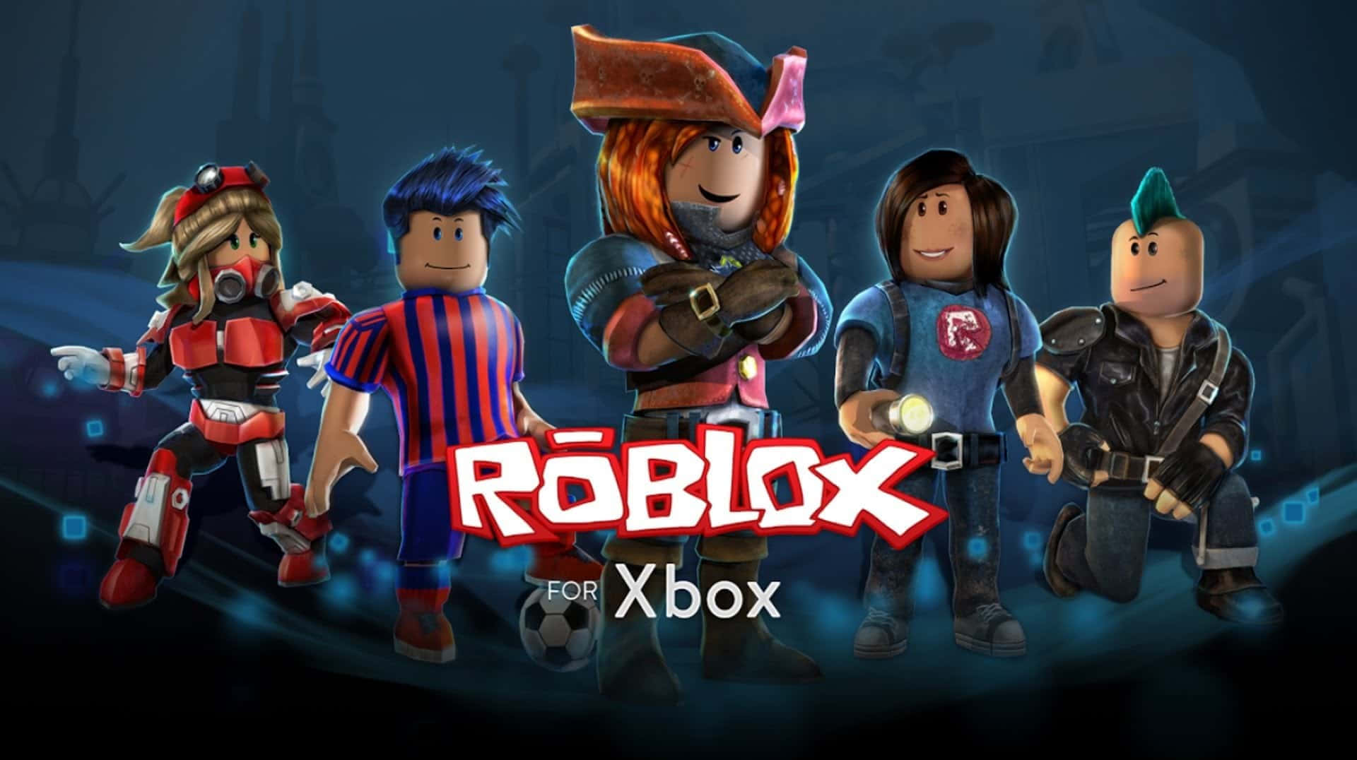 Cute Roblox 桌布 壁紙 — 五個身穿色彩繽紛服裝的Roblox虛擬角色在黑暗的數位背景中自信站立，帶有發光的藍色效果。