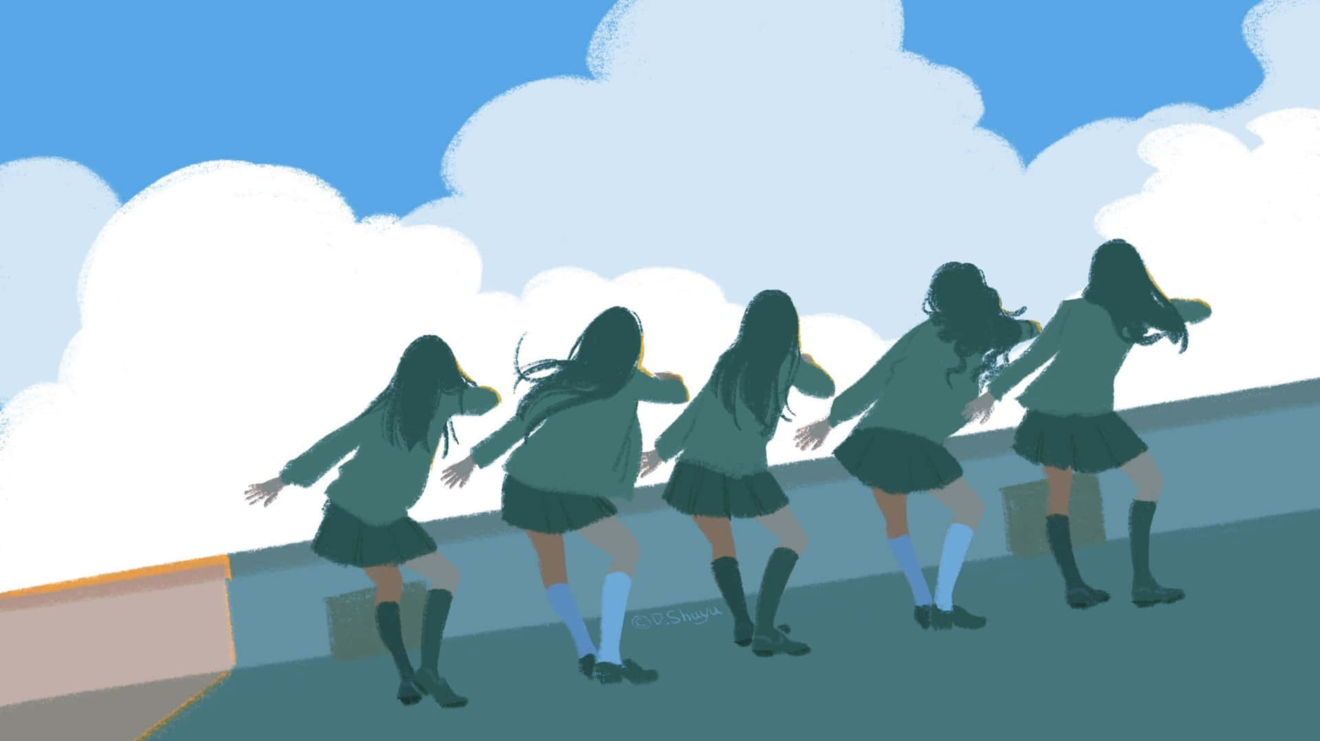  壁紙 — 五名穿著綠色校服的女生在晴朗藍天和蓬鬆白雲下，快樂地跑過屋頂。