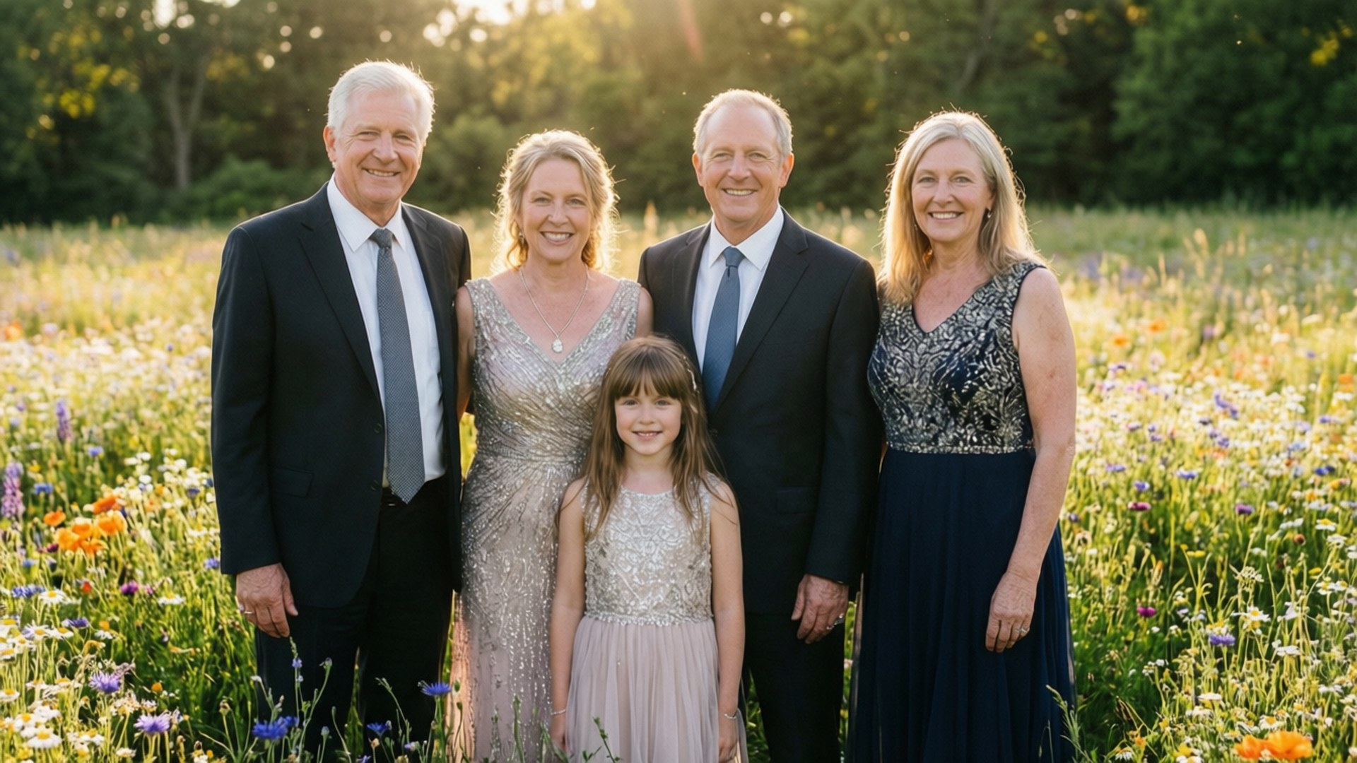 Cullen Family Meadow 壁紙 — 五個微笑的成年人和一個年輕女孩穿著正裝，一起站在陽光明媚的野花田裡。