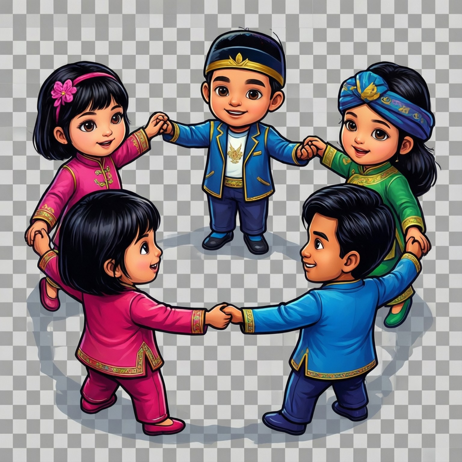 Friendship Circle PNG 壁紙 — 五個微笑的孩子穿著色彩繽紛的傳統服裝，在格子背景上開心地手拉手圍成一個圓圈。
