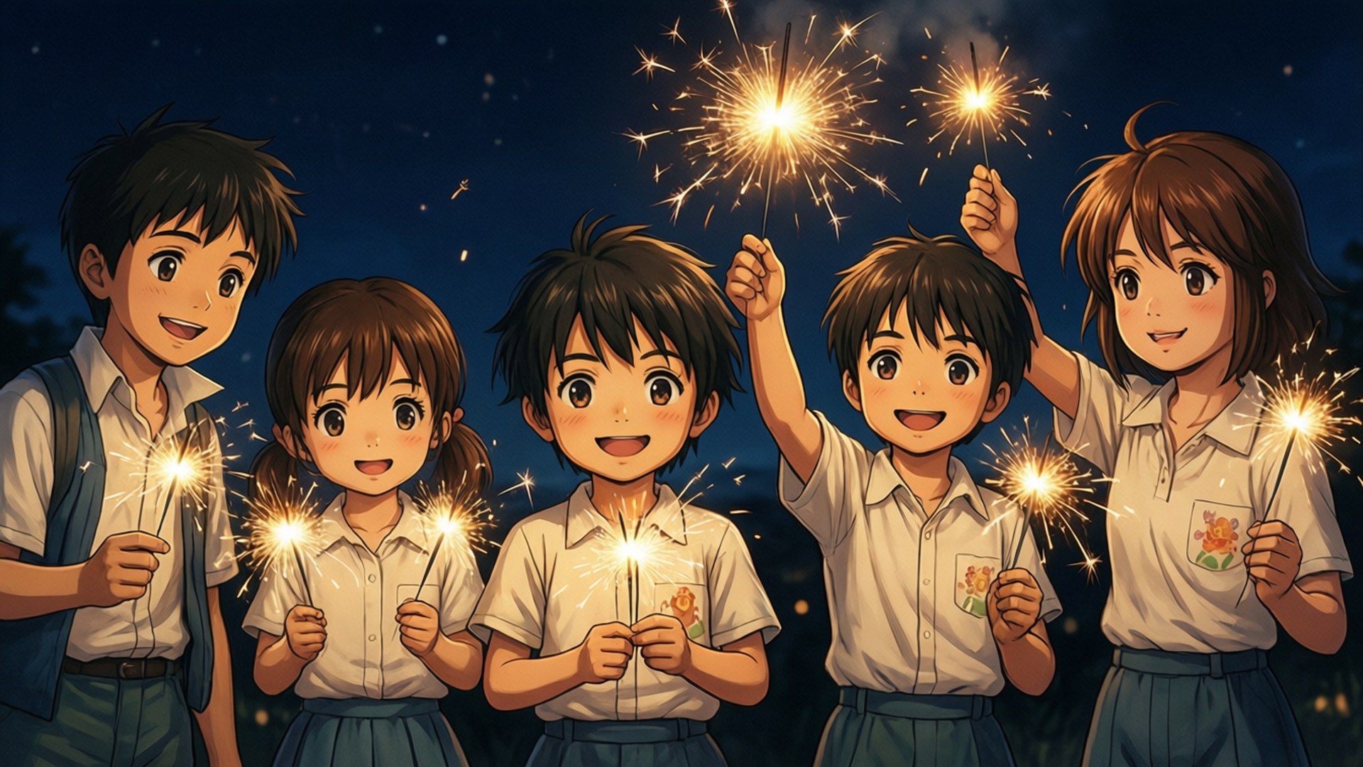 Sparkler Memories 壁紙 — 五個面帶微笑、身穿校服的孩子在繁星點點的夜空下開心地拿著煙火。