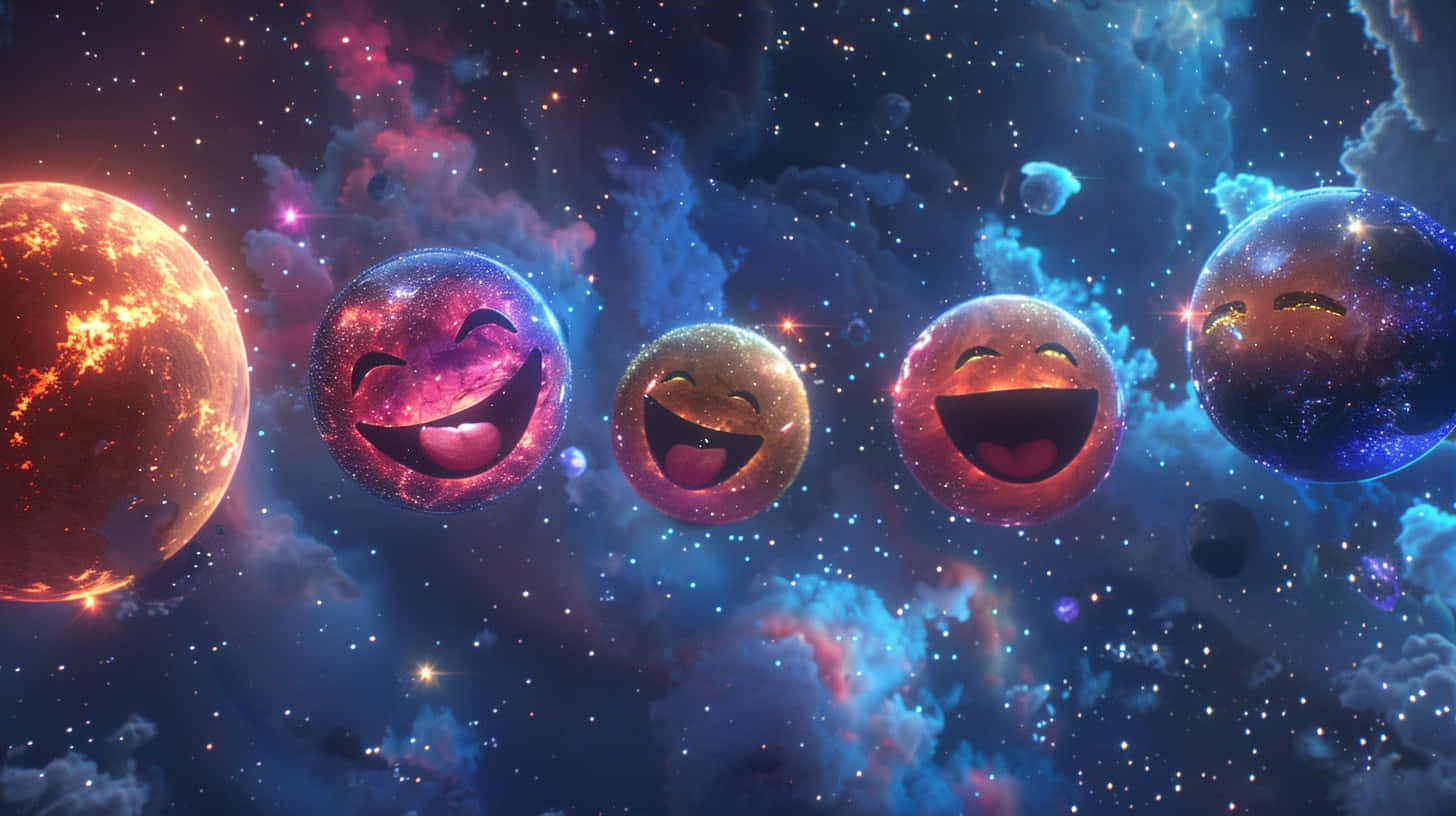  壁紙 — 五個微笑的表情符號行星愉快地漂浮在充滿星星和彩色氣體雲的充滿活力的宇宙星雲中。