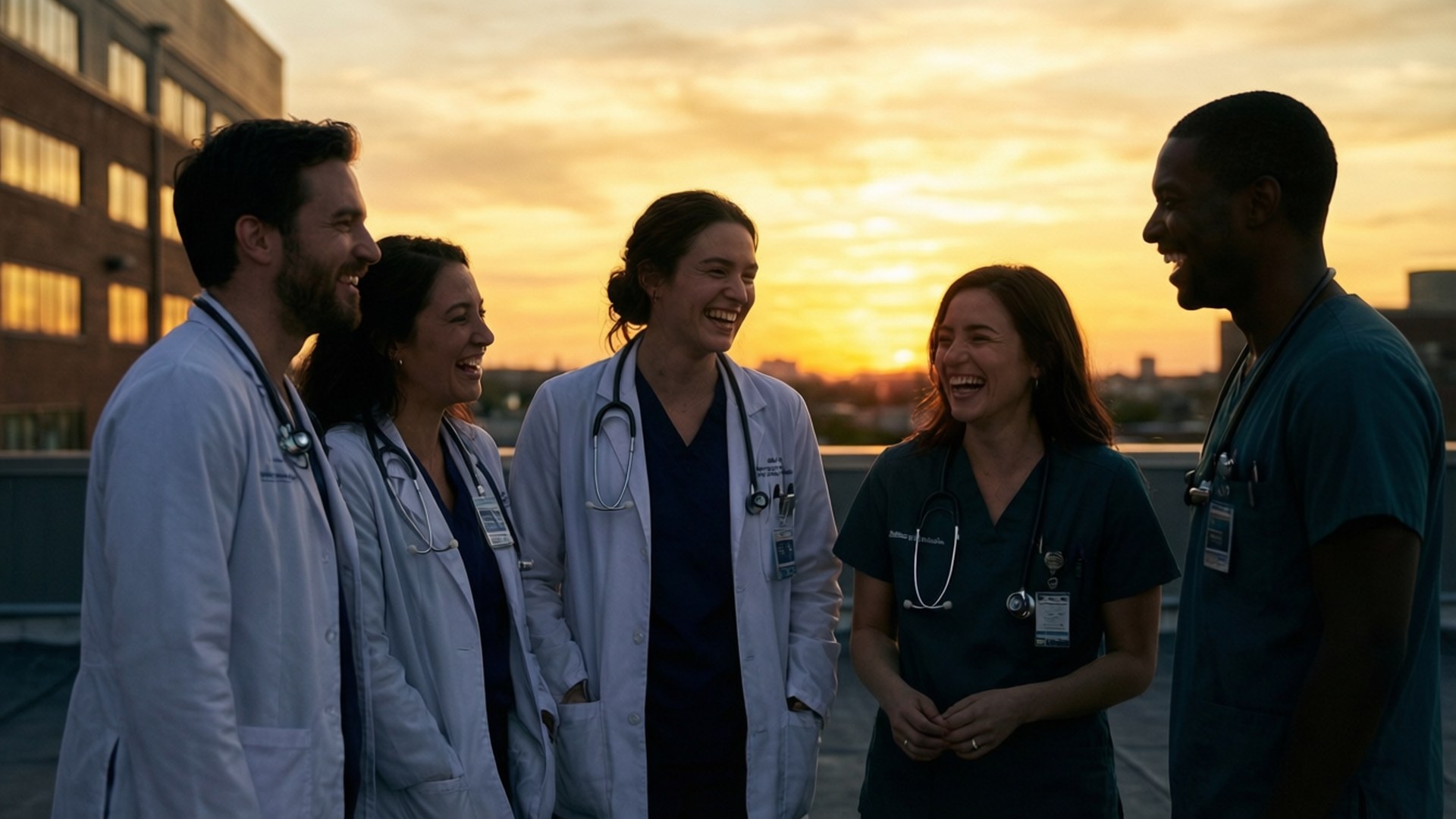 Rooftop Sunset Bonding 壁紙 — 五位微笑的醫護專業人員穿著手術衣和實驗室外套，在黃金時刻的屋頂上一起大笑。