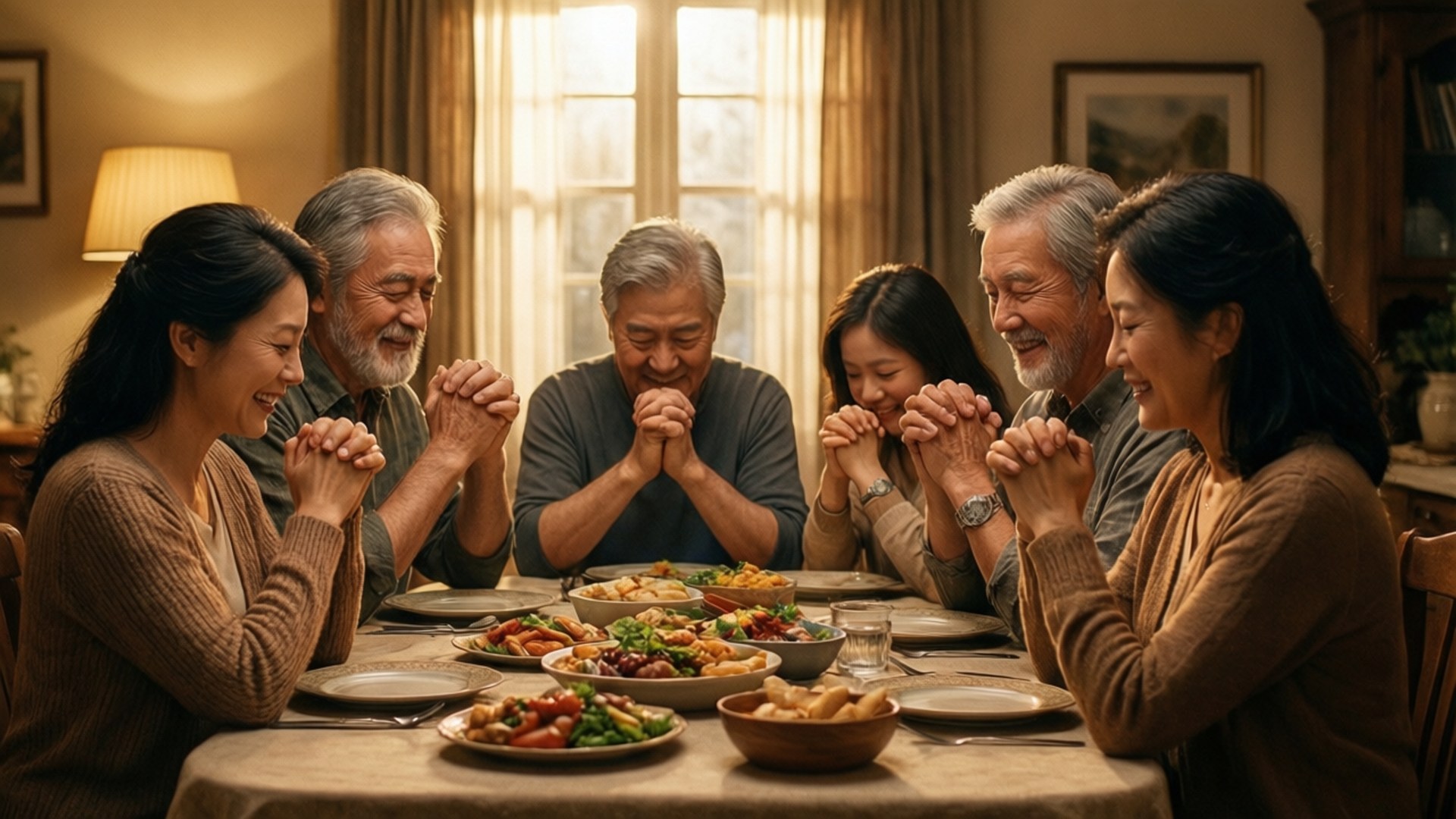 Gratitude Circle 壁紙 — 五位微笑的多代成年人一起在溫暖燈光下、擺滿食物的餐桌上祈禱。