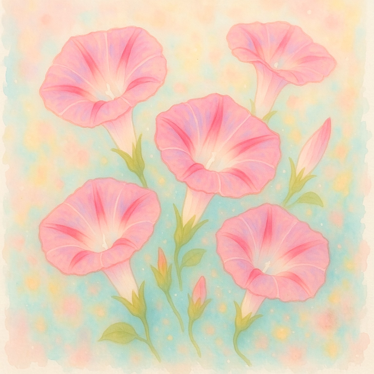 Pink Watercolor Morning Glory 壁紙 — 五朵柔軟的粉紅色牽牛花，帶有綠色莖，在夢幻的粉藍色和黃色水彩背景上綻放。