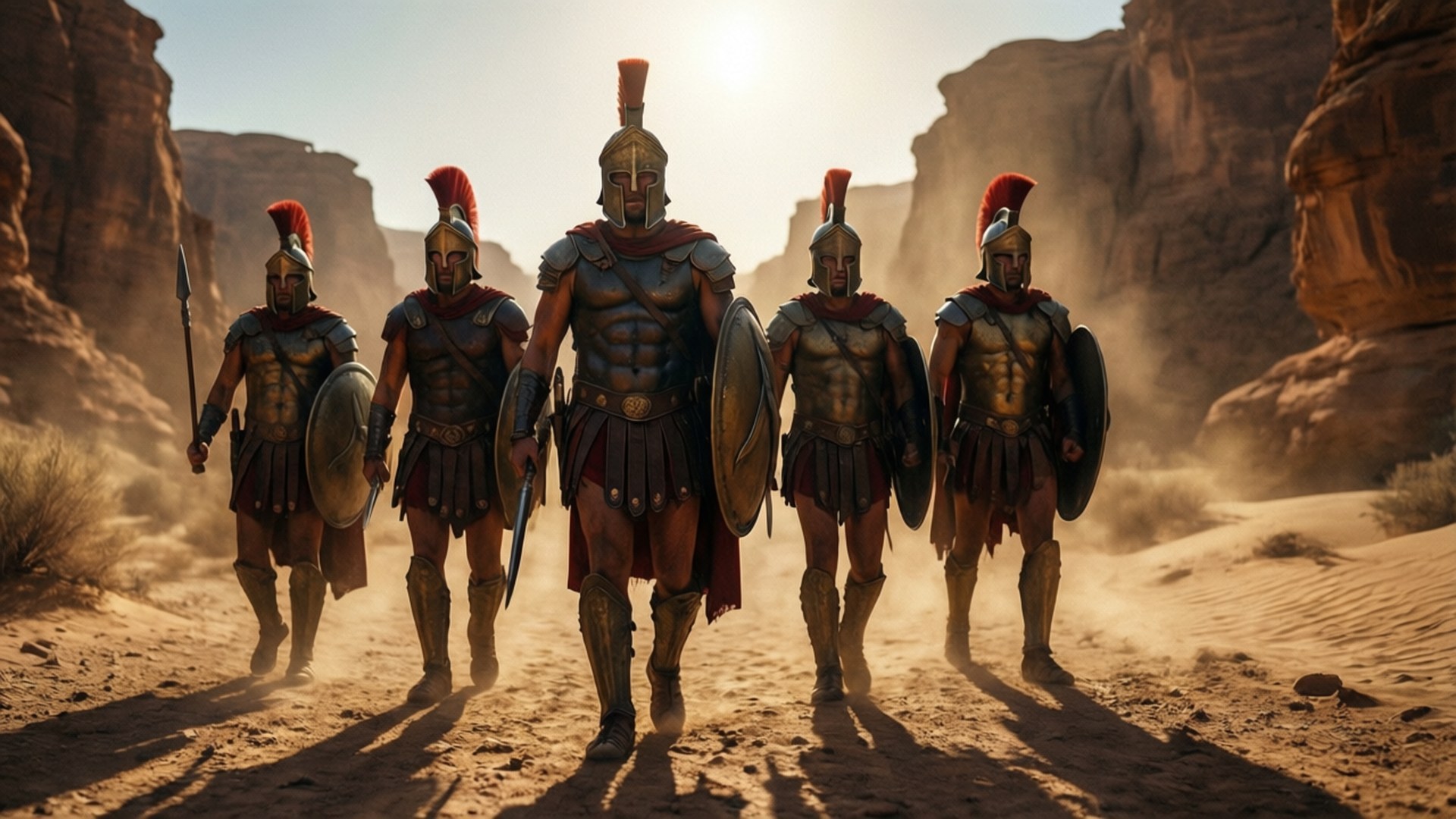 Spartan Silhouette 壁紙 — 五名身穿青銅盔甲和紅色羽飾頭盔的斯巴達戰士，在陽光明媚的沙漠峽谷中大步前進，揚起灰塵。