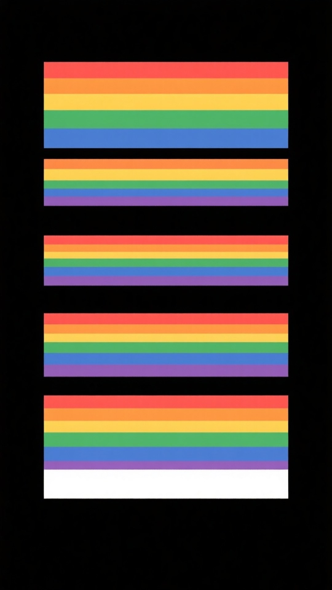 Minimalist Rainbow Stripes 壁紙 — 五面堆疊的彩虹旗，條紋數量各異，底部有一條白色條紋，背景為黑色。