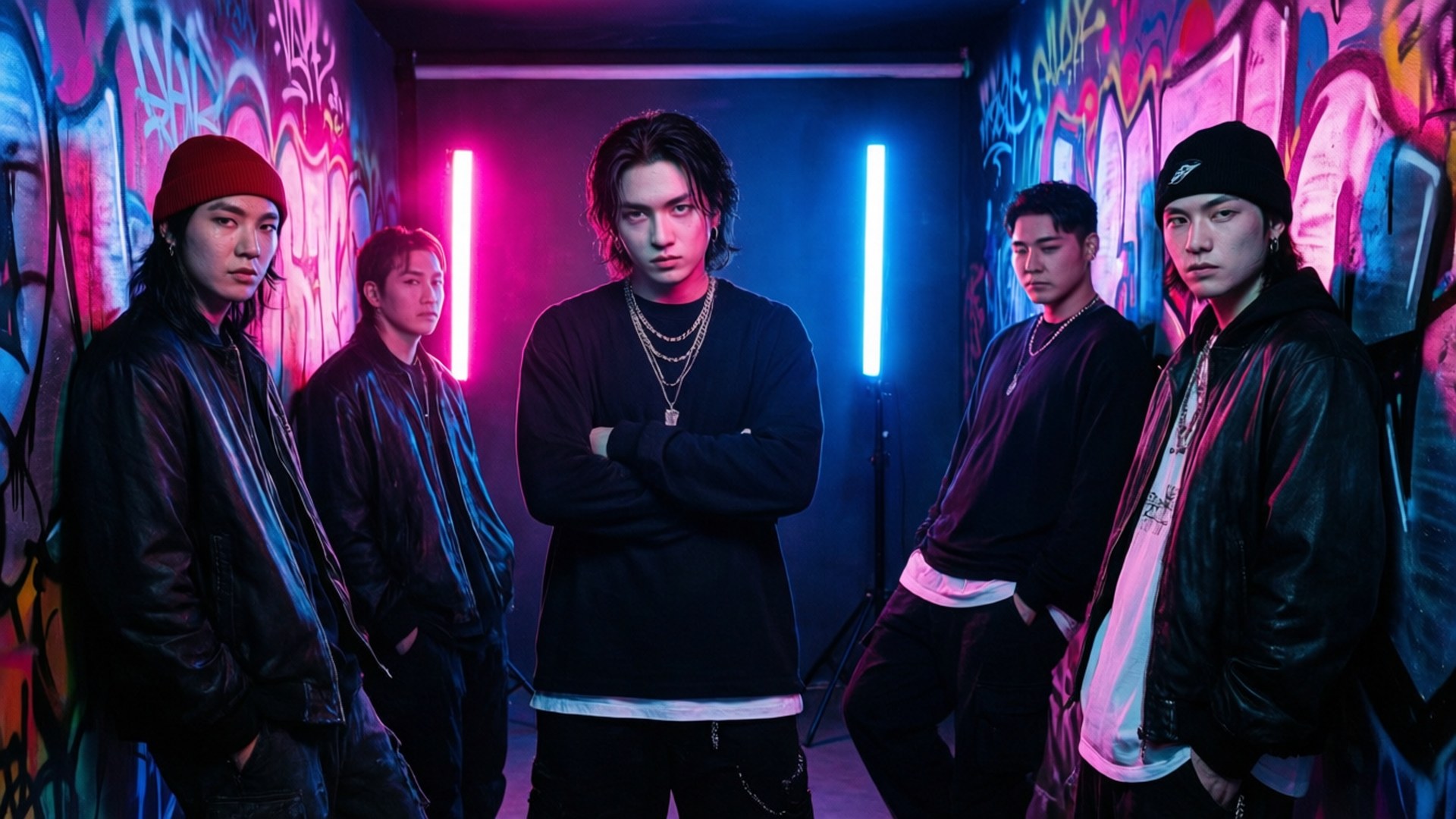 Neon Cool Crew 壁紙 — 五位時尚男士身穿皮夾克，自信地站在一條霓虹燈光（粉紅和藍色）的塗鴉小巷中。