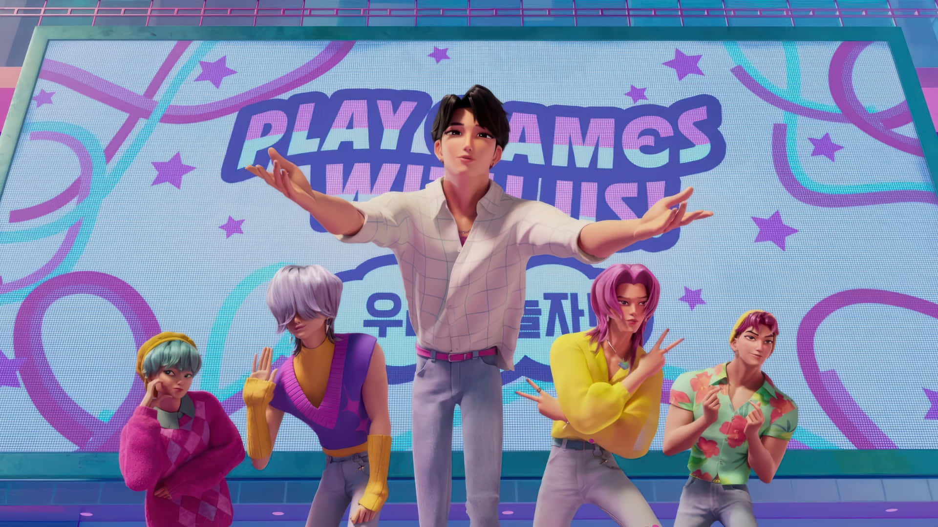  壁紙 — 五個風格化的動漫角色在發光的「PLAY GAMES WITH US」螢幕前擺出俏皮的姿勢。