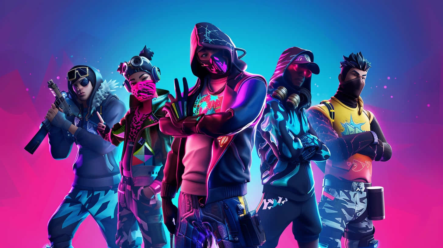  壁紙 — 五個風格化的 Fortnite 角色穿著霓虹裝備，在發光的粉紅色和藍色漸變背景前自信地擺姿勢。