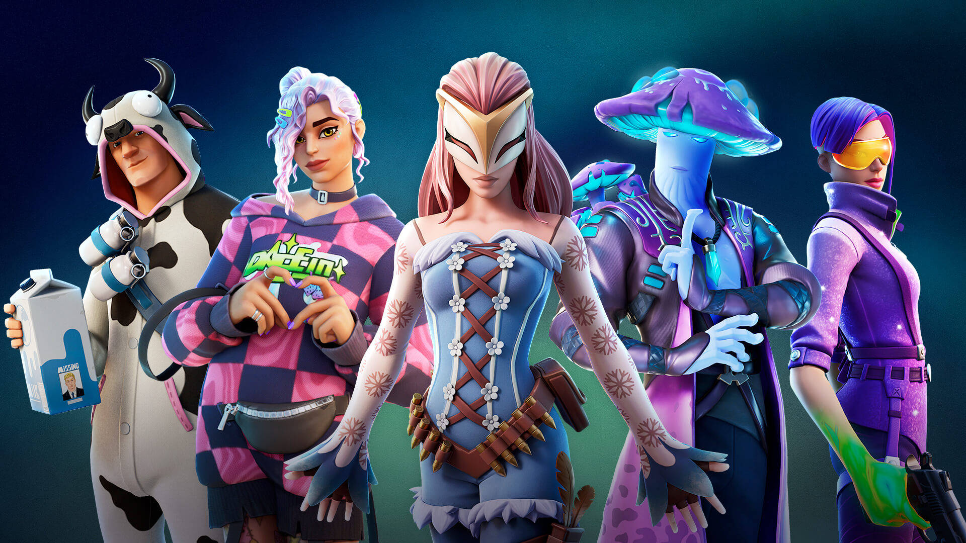 五個 Fortnite 角色穿著色彩繽紛的服裝在深色背景前擺姿勢。 — Fortnite 壁紙