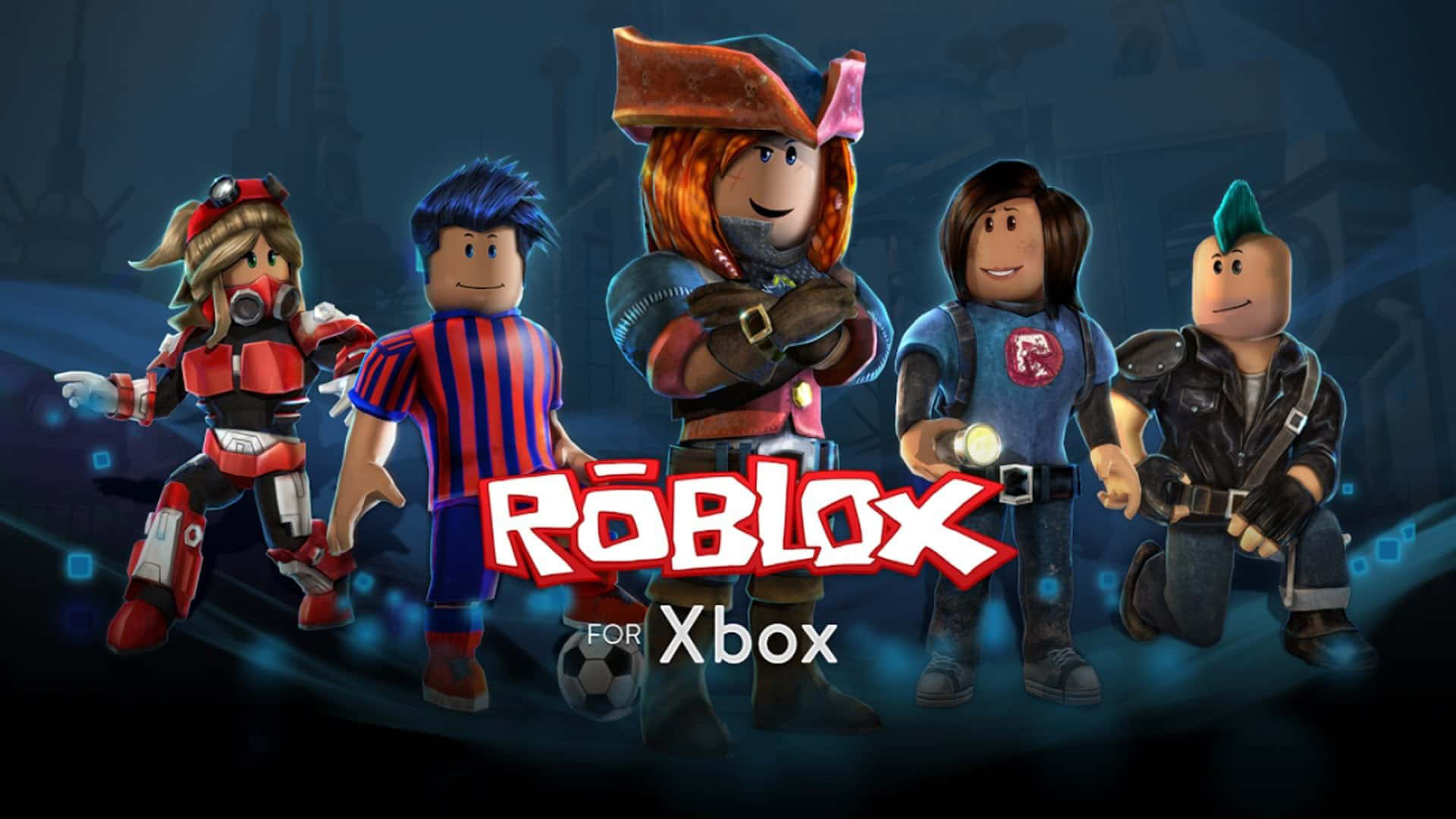 五個穿著色彩繽紛服裝的 Roblox 角色為 Roblox for Xbox 宣傳活動擺姿勢。 — Roblox 壁紙