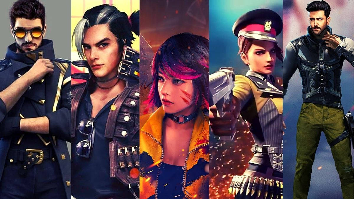 五個不同的電子遊戲角色，以動作姿勢、武器和時尚服裝呈現。 — Free Fire 壁紙