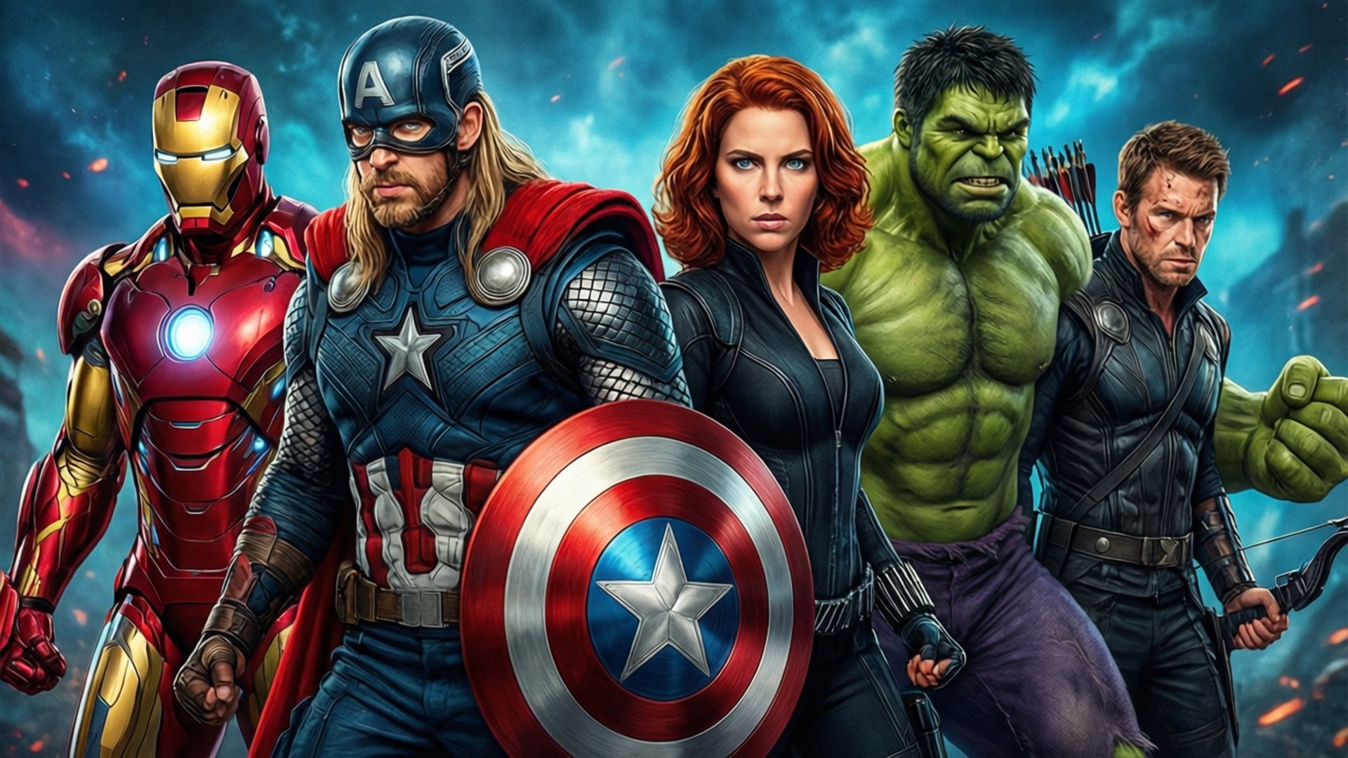 Avengers United 壁紙 — 五位超級英雄在暴風雨的天空下英勇站立，周圍有發光的餘燼飛舞。