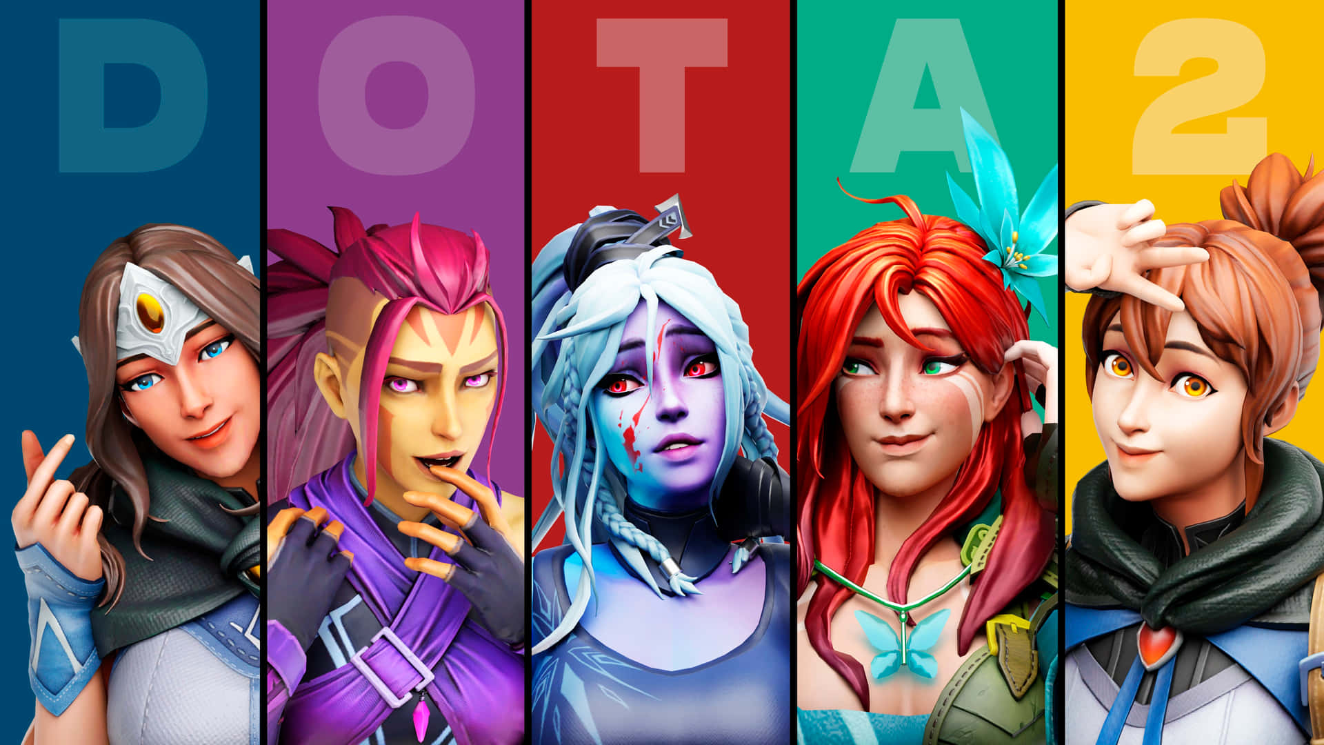 五個動漫風格的Dota 2遊戲角色，帶有彩色背景和標題字母。 — 4K 壁紙