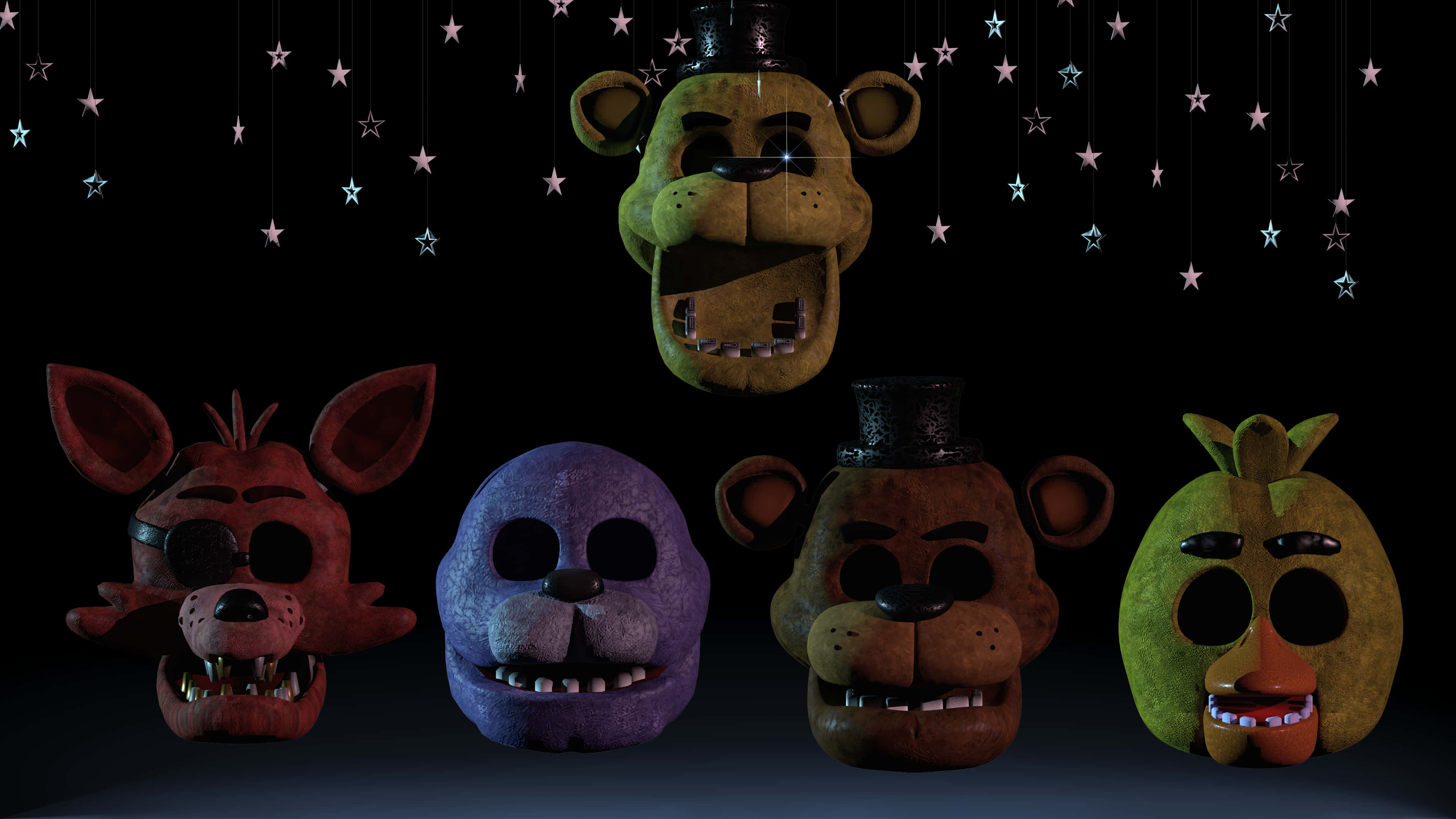佛萊迪餐館之五夜驚魂 桌布 壁紙 — Five Nights at Freddy's 中五個磨損的電子動畫頭部掛在黑暗背景下發光的星星下。