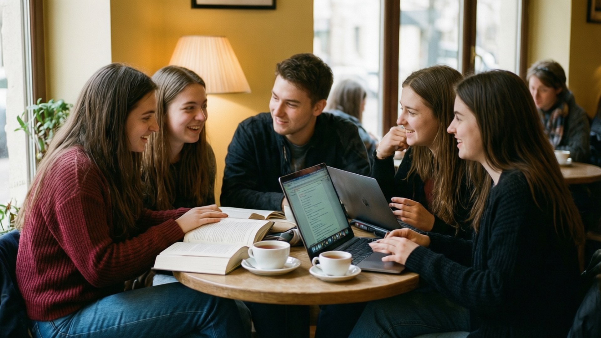 Group Study at Café 壁紙 — 五位年輕成年人在舒適的咖啡館裡圍著木桌大笑，桌上放著筆記型電腦和咖啡杯。