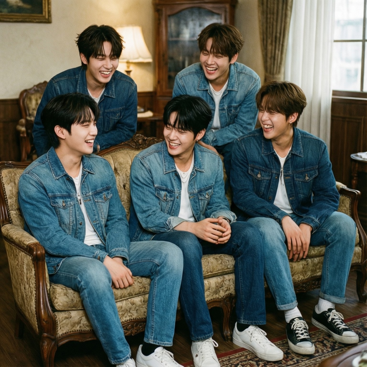 Super Junior 桌布 壁紙 — 五位身穿牛仔裝的年輕男士在溫暖燈光的經典房間裡，一起坐在復古花卉沙發上大笑。