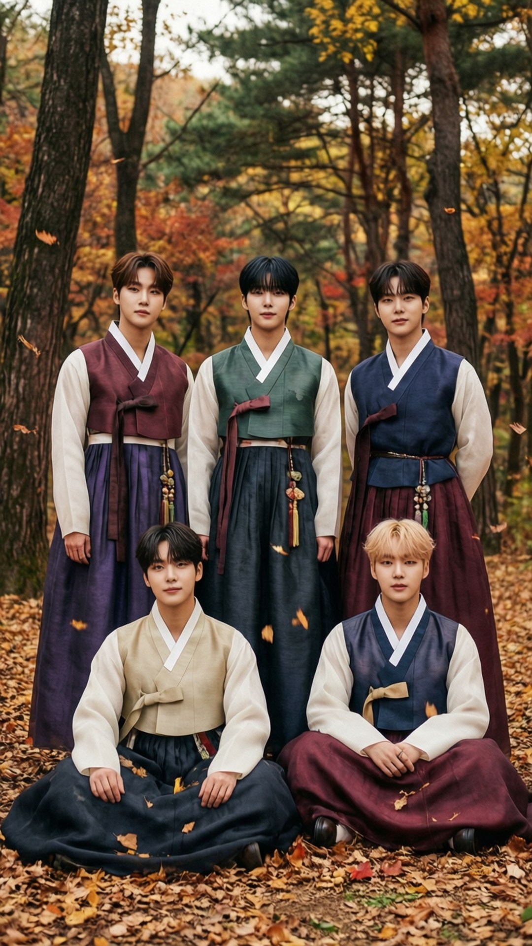 Hanbok Autumn 壁紙 — 五位穿著傳統韓國韓服的年輕男子在落葉紛飛的森林中擺姿勢。