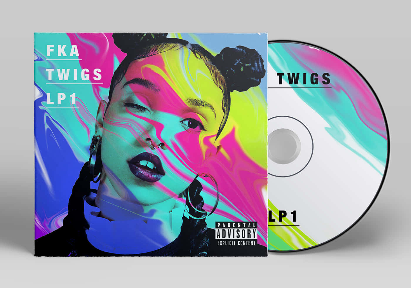 album 桌布 壁紙 — FKA twigs 在專輯封面上的充滿活力的迷幻肖像，帶有旋轉的霓虹色彩和匹配的 CD。
