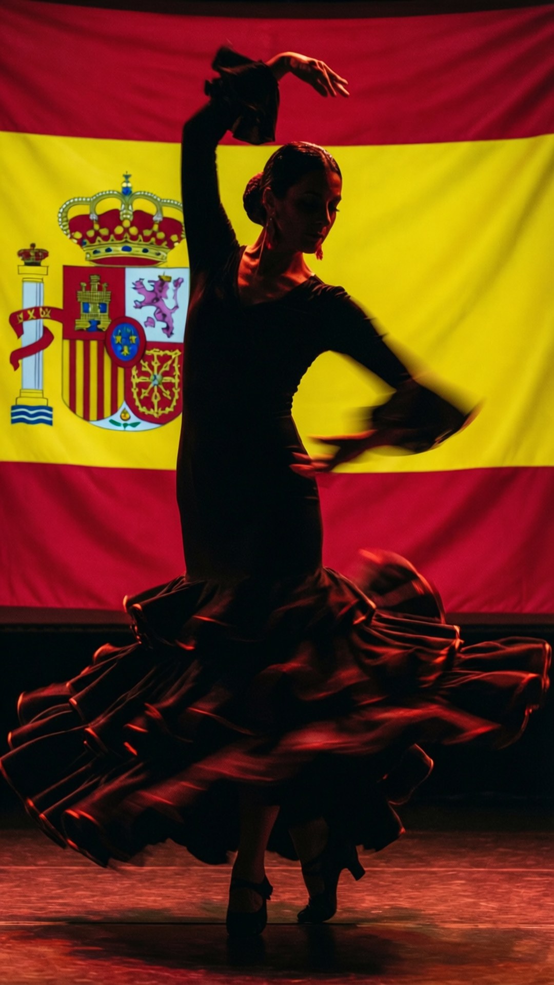 Flamenco Dancer Flag 壁紙 — 一位身穿黑色連衣裙的佛朗明哥舞者在大型西班牙國旗背景下戲劇性地旋轉。