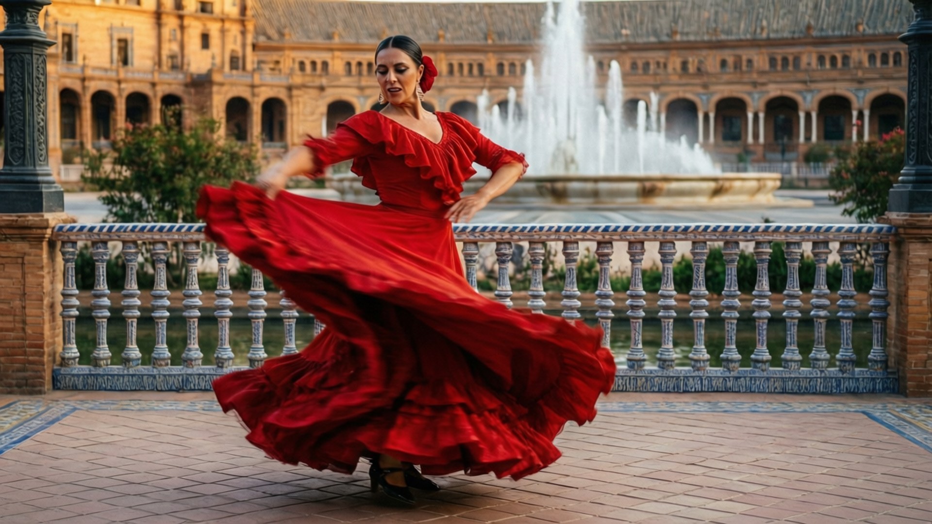 Flamenco Passion Seville 壁紙 — 一位佛朗明哥舞者身穿飄逸的紅色長裙，在瓷磚廣場上優雅旋轉，身後有宏偉的噴泉和歷史建築。