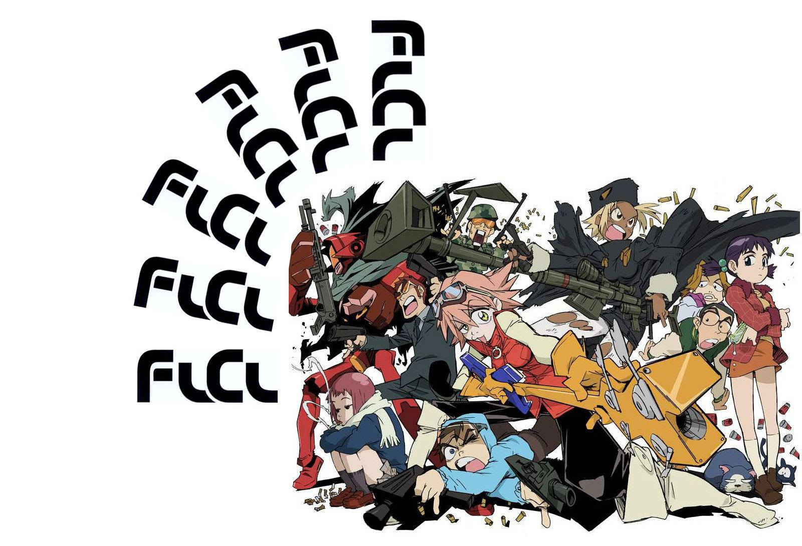 Flcl 桌布 壁紙 — FLCL角色在混亂動作姿勢中的動態動漫拼貼畫，帶有散落的碎片和風格化文字。