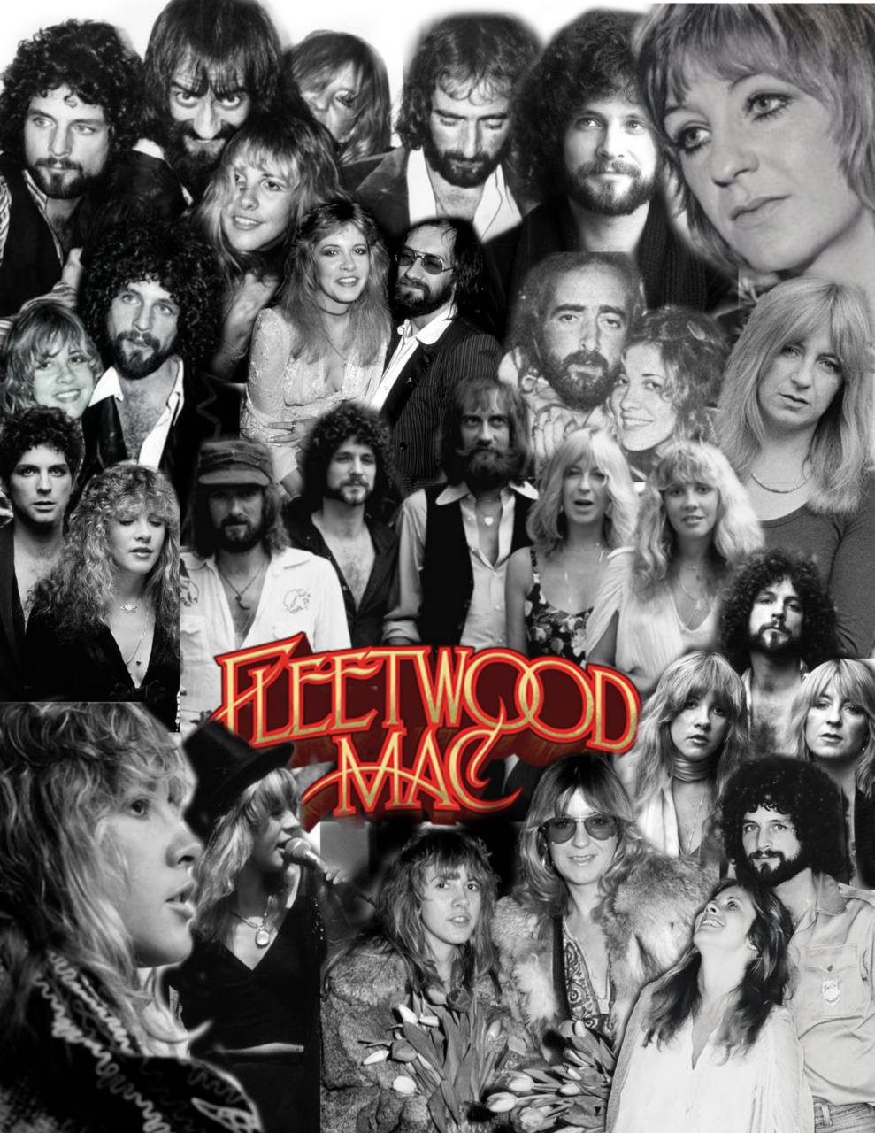 黑白 桌布 壁紙 — Fleetwood Mac 樂團成員的黑白拼貼，中央有醒目的紅色標誌。
