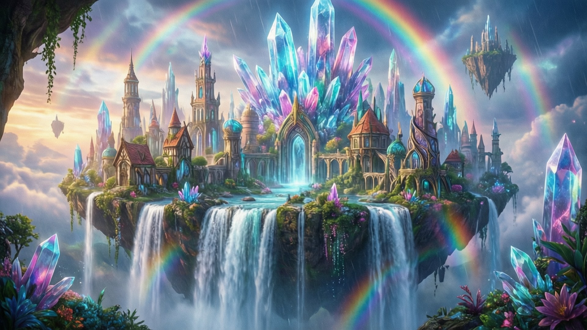 城市風景 桌布 壁紙 — 在雙彩虹下的魔法天空中，漂浮的奇幻城堡，帶有發光水晶和瀑布。