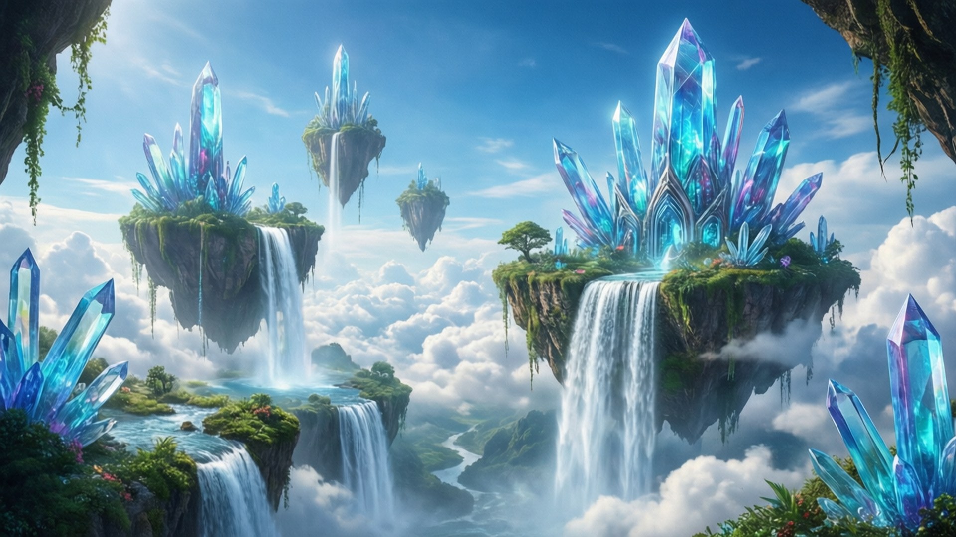 Floating Islands Future 壁紙 — 浮島上裝飾著巨大的藍色水晶和瀑布，在明亮的天空下穿過蓬鬆的雲層傾瀉而下。