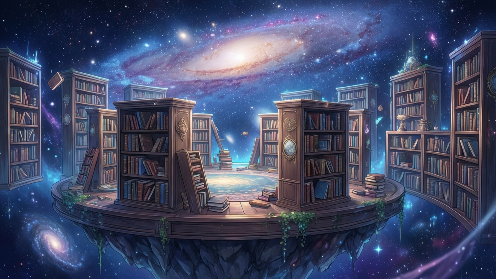 Celestial Library 壁紙 — 一個漂浮的圖書館，有木書架和散落的書籍，在充滿活力的宇宙星系天空下。