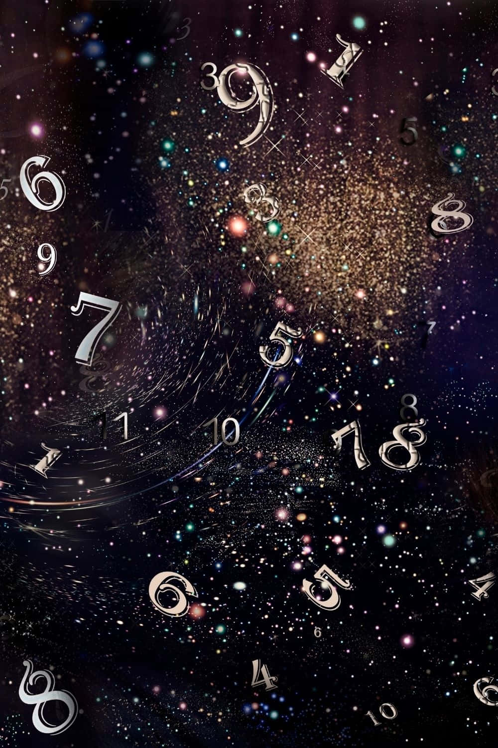  壁紙 — 漂浮的金屬數字在充滿閃爍星星和宇宙塵埃的星系中旋轉。