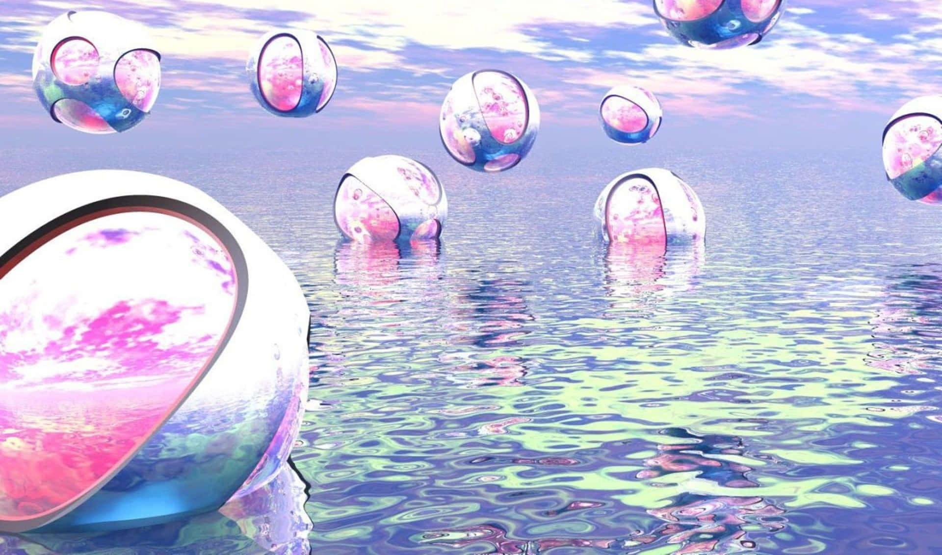  壁紙 — 浮動的半透明球體帶有粉紅色和藍色漩渦，懸浮在漣漪水面上方，背景是柔和粉彩的天空。