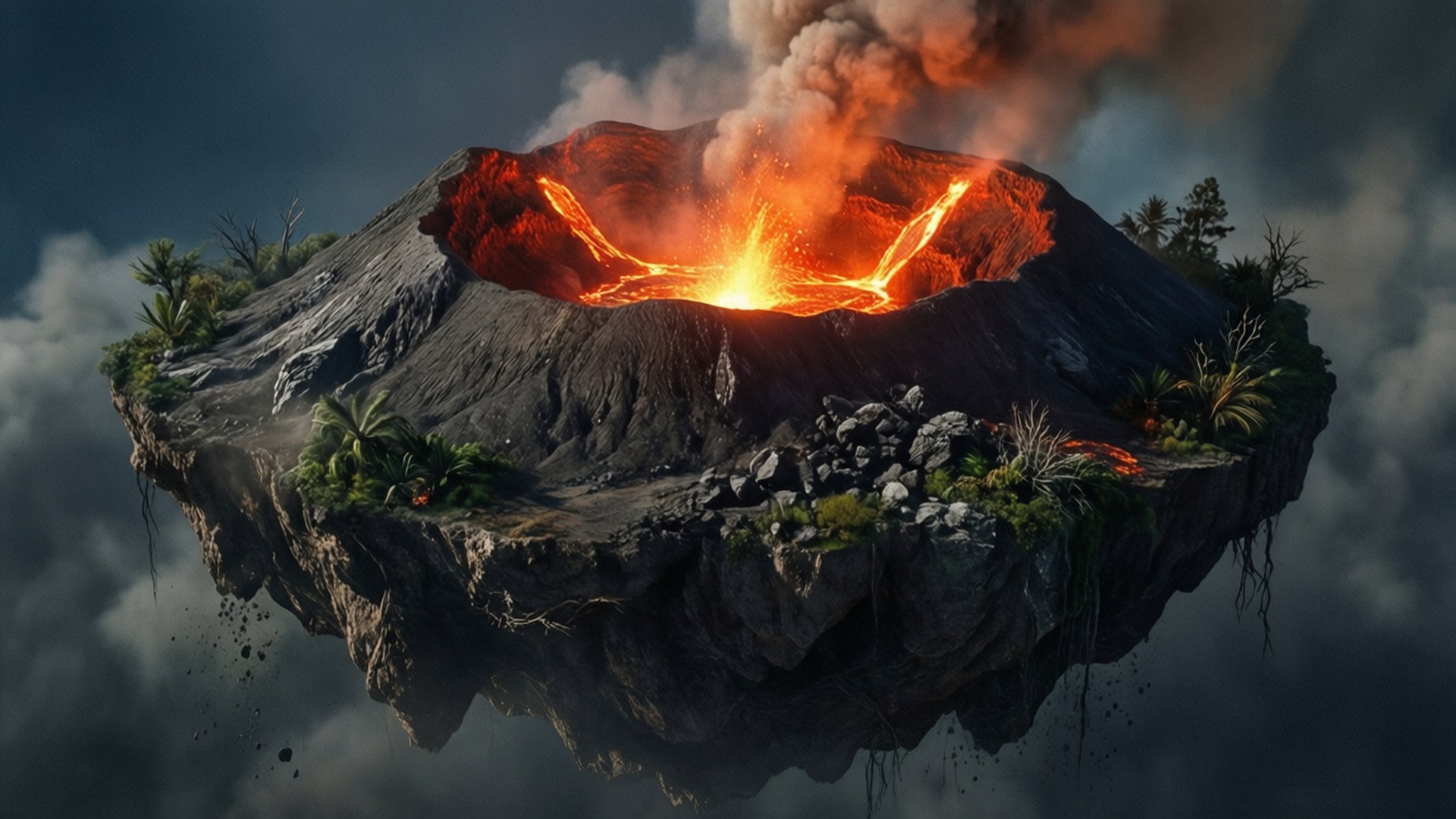 Volcanic Crater Island 壁紙 — 一座漂浮的火山島在暴風雨的天空下噴發著熾熱的熔岩和煙霧，邊緣掛滿了茂密的綠色植物。
