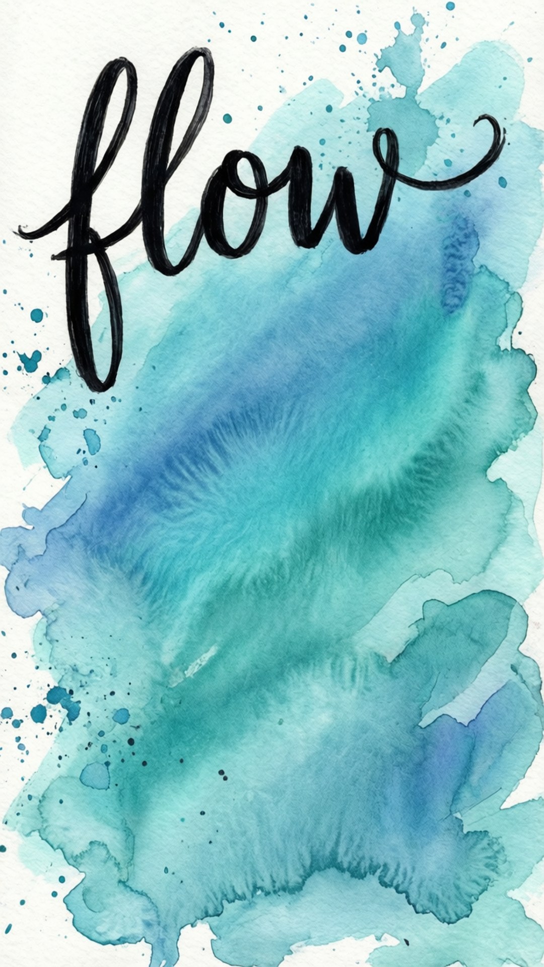 美學字眼 桌布 壁紙 — 優雅的黑色手寫字體「flow」疊加在充滿活力的藍色水彩洗滌、潑濺和柔和漸變之上。