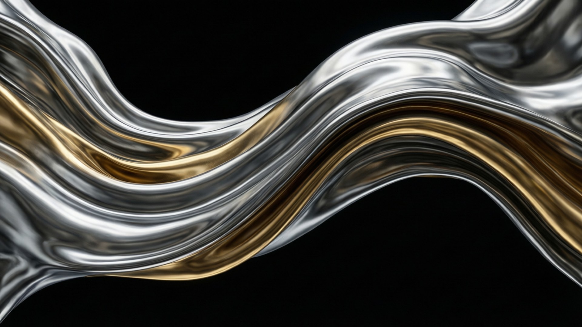 Liquid Metal 壁紙 — 一條流動的金屬絲帶，銀色和金色在純黑背景上優雅地彎曲。