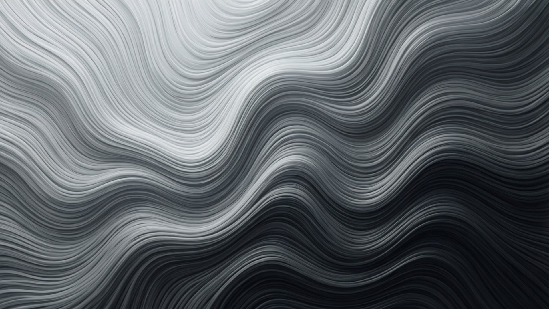 Gray Wavy Lines Abstract 壁紙 — 流動的波浪線條以灰階呈現，從淺到深形成平滑漸變的動態抽象圖案。