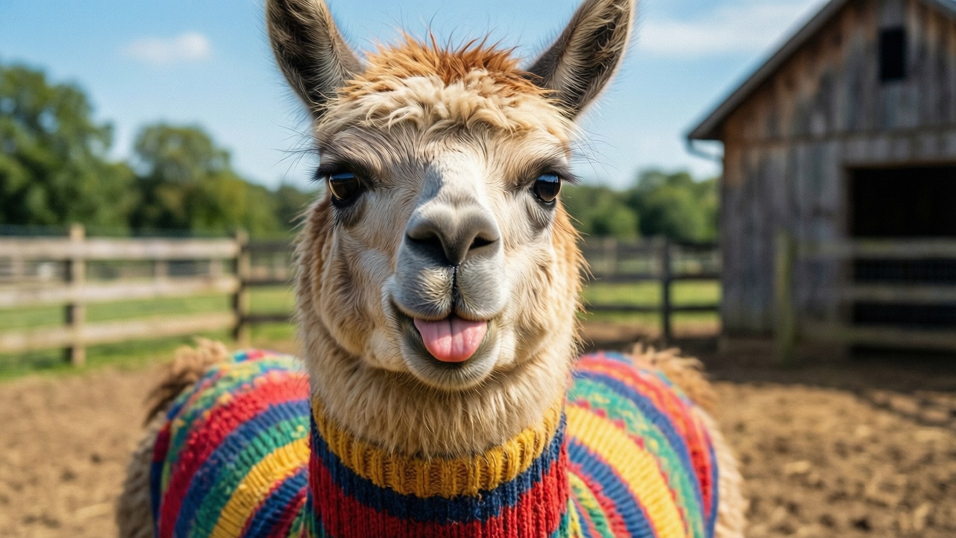 Silly Llama Sweater 壁紙 — 一隻毛茸茸的羊駝穿著彩虹條紋毛衣，在陽光明媚的農場裡頑皮地伸出舌頭的近距離特寫。
